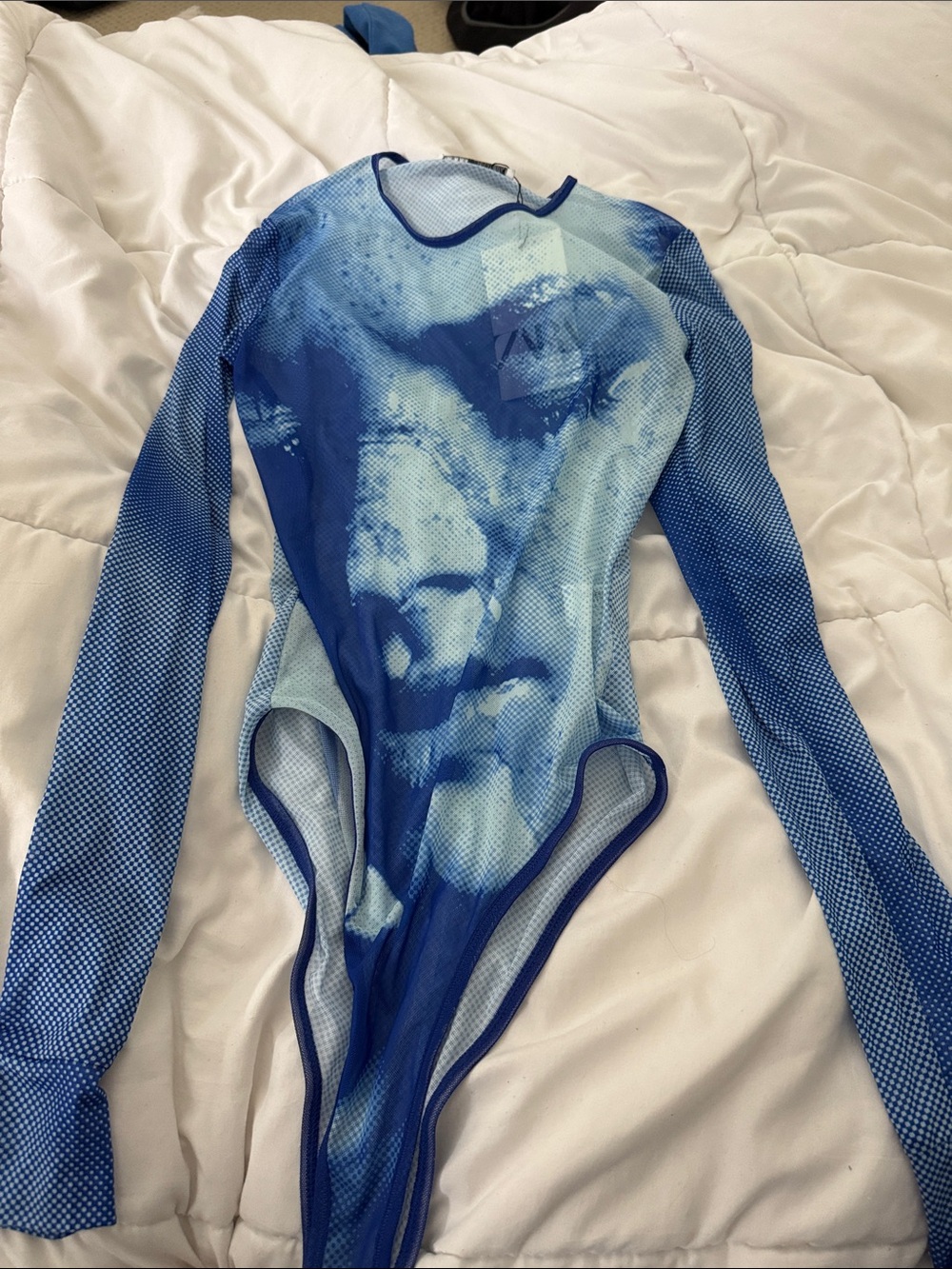 Zara Blue Graphic Long-Sleeve Mesh Bodysuit